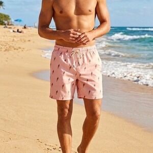 Dockers Swim Trunks Mens M Pink Parrot Print 7 Inch Inseam New $55